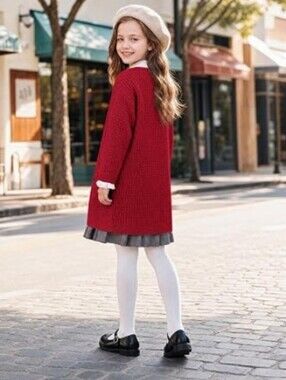 Girls Cardigan Sweater Kids Open Front Sweaters Outerwear Red